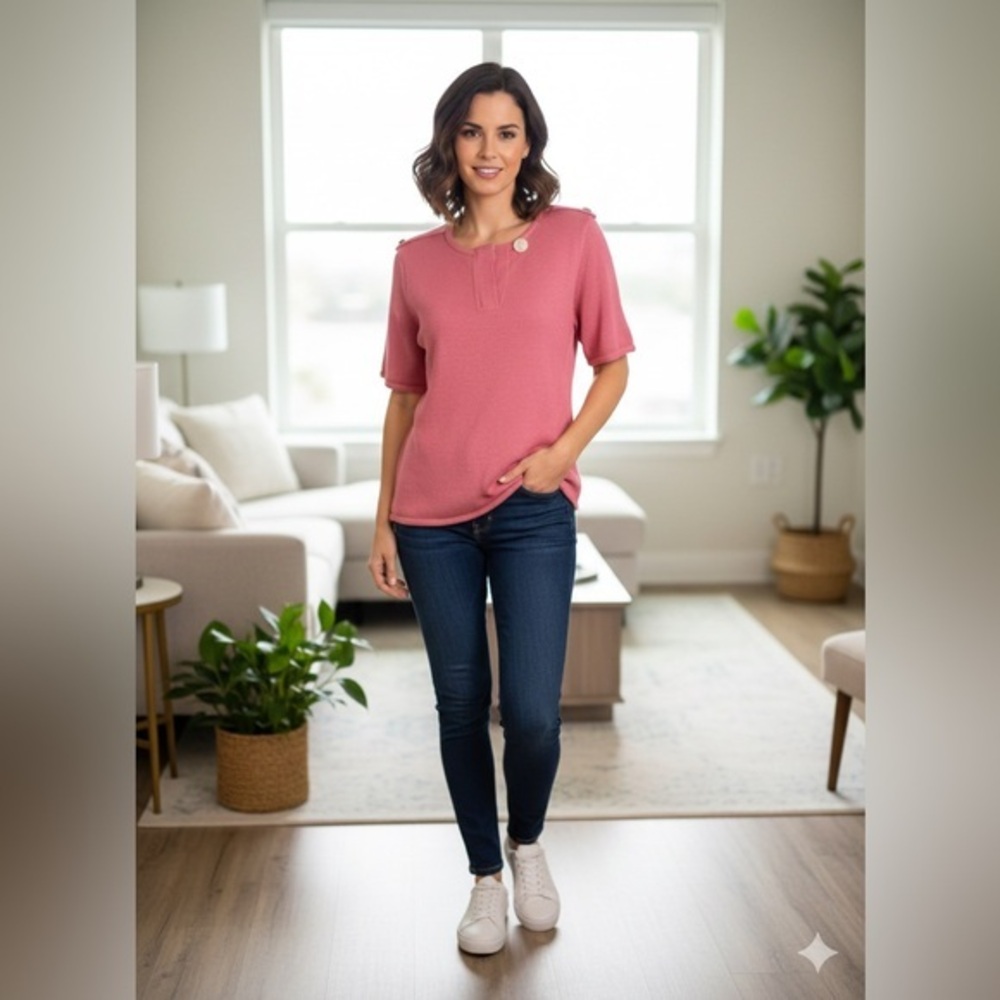 Vtg Schrader Knit Medium Pink Acrylic Short Sleeve Round Neck Sweater Top M L
